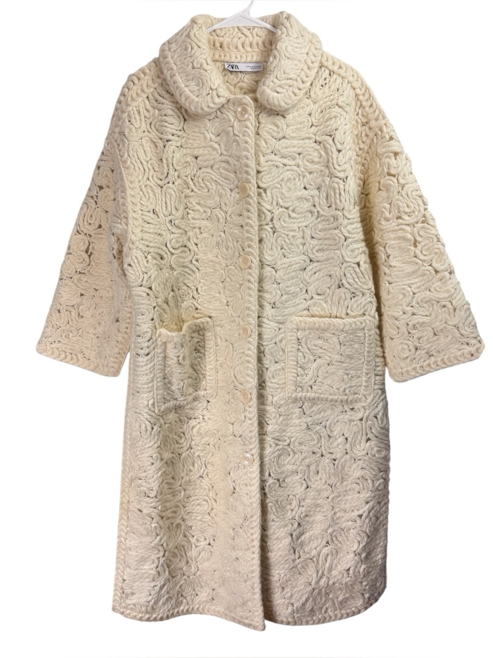 Zara Ecru Textured Wool Blend Swirl Embroidey Coat Long Sz Medium Retro Blogger
